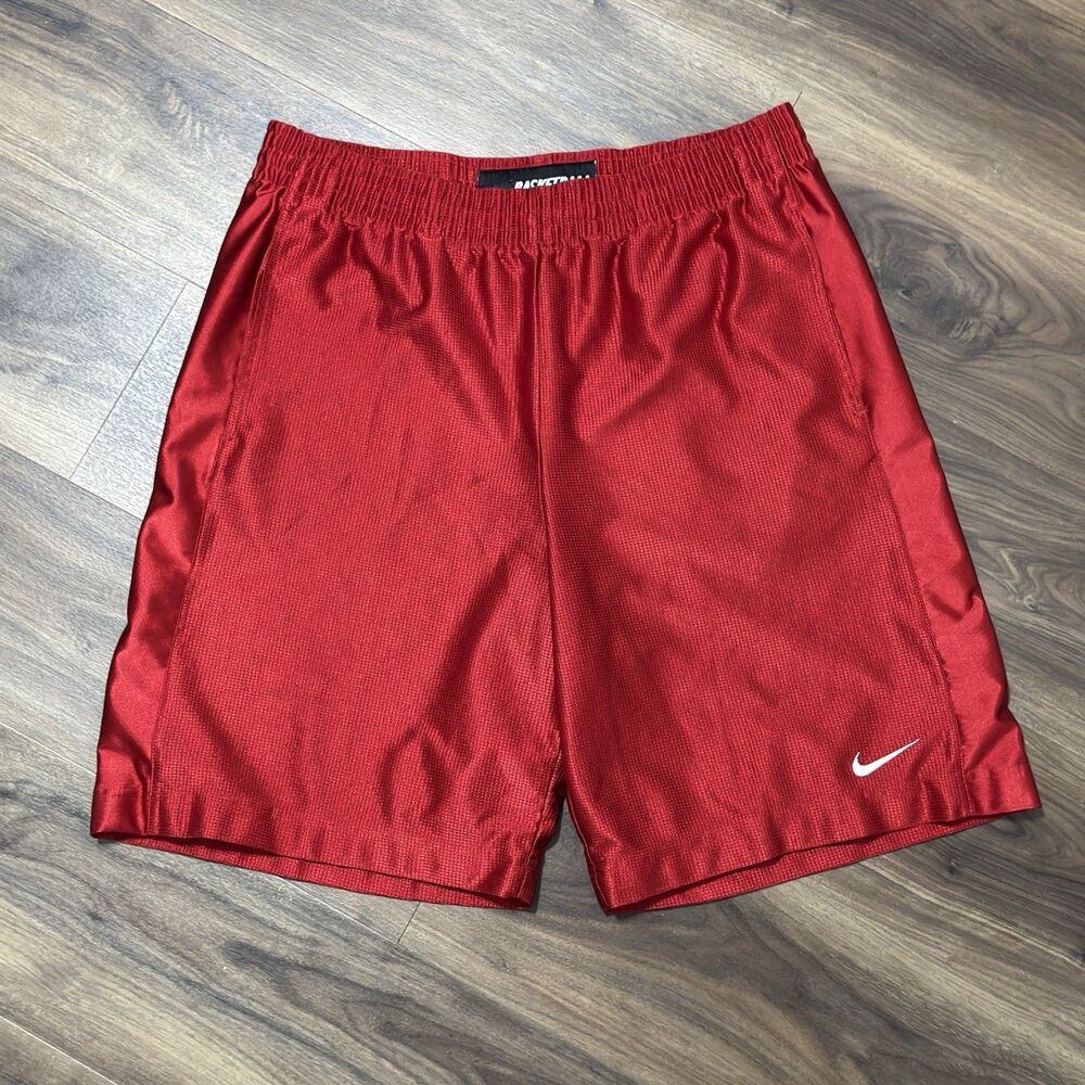 VTG Y2K Nike Basketball Red Silky Shiny Dazzle Baggy Swoosh Shorts Shimmer L